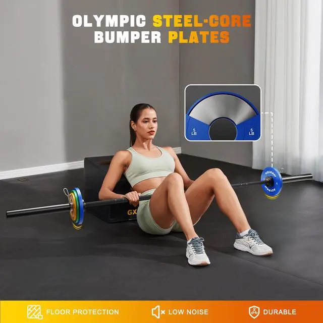 Alt view image 3 of 7 - GXMMAT Olympic Bumper Plate Set, Steel-Core Rubber Coated for 2" Standard Barbells, 1.25/2.5/5lb Color-Coded, Ideal for CrossFit/Powerlifting/Home Gym Training