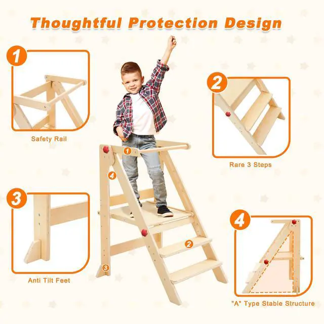 Alt view image 3 of 6 - GXMMAT Foldable toddler tower,3-level height adjustable toddler standing tower with safety rails,toddler kitchen stool helper,Montessori step stool for toddler 1-3.