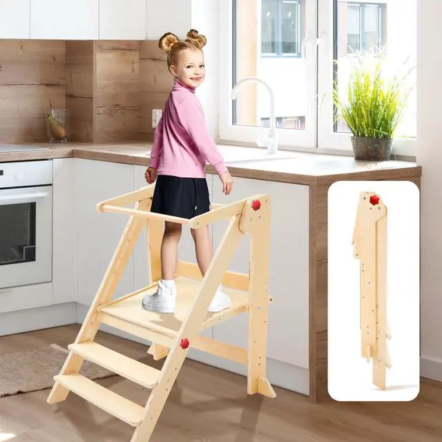 Main image of GXMMAT Foldable toddler tower,3-level height adjustable toddler standing tower with safety rails,toddler kitchen stool helper,Montessori step stool for toddler 1-3.