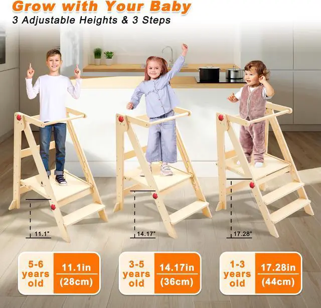 Alt view image 4 of 6 - GXMMAT Foldable toddler tower,3-level height adjustable toddler standing tower with safety rails,toddler kitchen stool helper,Montessori step stool for toddler 1-3.