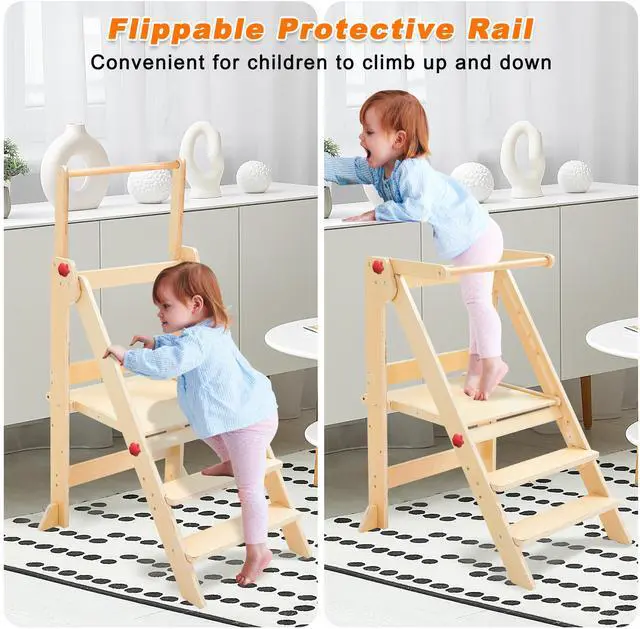 Alt view image 6 of 6 - GXMMAT Foldable toddler tower,3-level height adjustable toddler standing tower with safety rails,toddler kitchen stool helper,Montessori step stool for toddler 1-3.