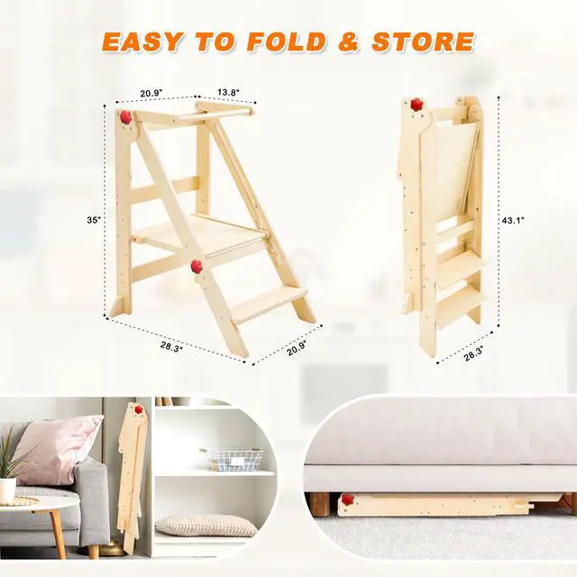 Alt view image 2 of 6 - GXMMAT Foldable toddler tower,3-level height adjustable toddler standing tower with safety rails,toddler kitchen stool helper,Montessori step stool for toddler 1-3.