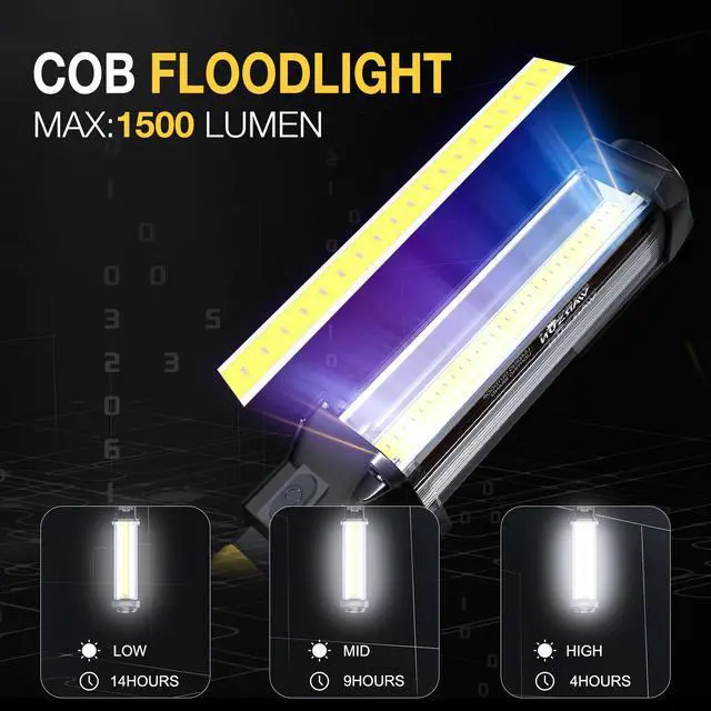 Alt view image 2 of 7 - WARSUN LED Work Light Rechargeable Work Light Portable Flashlight Magnetic 1500 Lumens COB Work Lights Handheld Worklight Outdoors Car Inspection Light