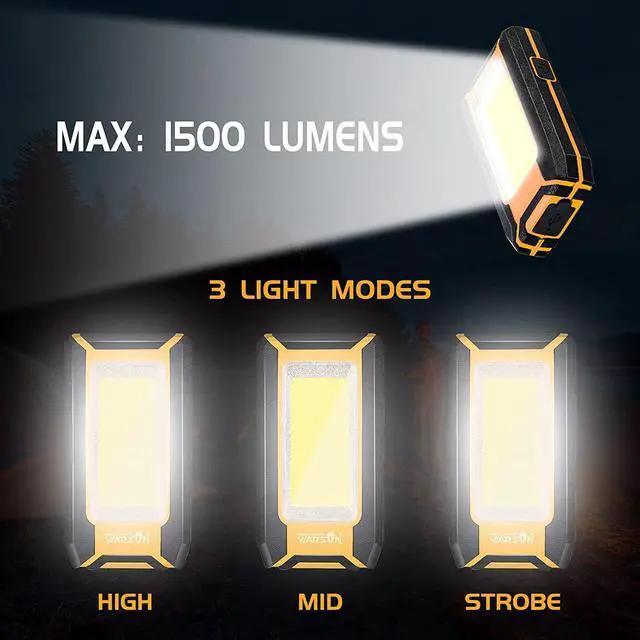 Alt view image 5 of 7 - WARSUN LED Rechargeable Work Light, Portable Magnetic COB Work Lamp, 40w 1500 Lumens,Metal Hanging Hook 3 Lighting Modes, Job Site Lighting for Car Repairing,Camping,Hunting,and Hurricane (Yellow)