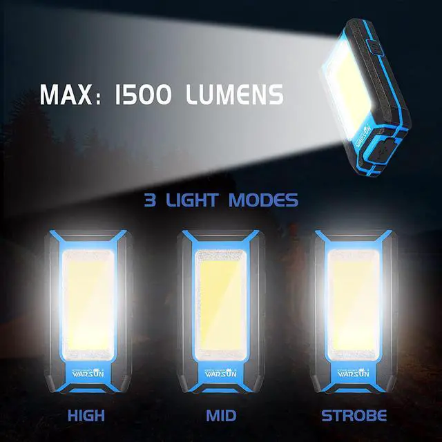 Alt view image 4 of 7 - WARSUN LED Rechargeable Work Light, Portable Magnetic COB Work Lamp, 40w 1500 Lumens,Metal Hanging Hook 3 Lighting Modes, Job Site Lighting for Car Repairing,Camping,Hunting,and Hurricane (Blue)