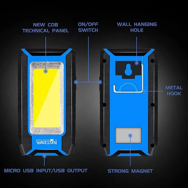 Alt view image 2 of 7 - WARSUN LED Rechargeable Work Light, Portable Magnetic COB Work Lamp, 40w 1500 Lumens,Metal Hanging Hook 3 Lighting Modes, Job Site Lighting for Car Repairing,Camping,Hunting,and Hurricane (Blue)