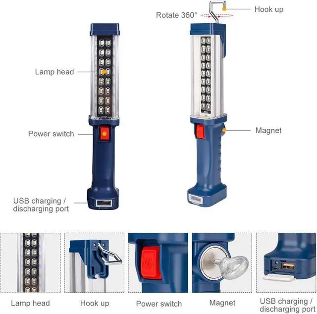 Alt view image 2 of 6 - WARSUN Portable LED Rechargeable Handheld Work Light,Magnetic Base & Hanging Hook, 30W 1200Lumens Super Bright, 5000K, for Car Repairing, Camping, Hiking, Backpacking, Fishing,