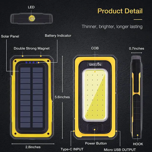Alt view image 2 of 6 - WARSUN Led Work Light, Rechargeable Work Light,Portable Magnetic Work Light, Waterproof LED Solar Flood Lights for Outdoor Camping Hiking Emergency Car Repairing (USB + Solar Charging, Yellow)