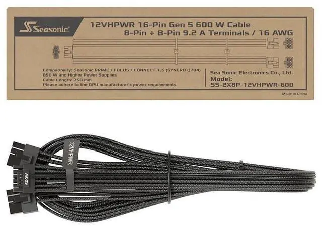 Alt view image 4 of 4 - SEASONIC 12VHPWR 16-Pin Gen 5 600 W Cable, 8-Pin + 8-Pin 9.2 A Terminals/16 AWG- High Current Terminal connectors,Supports 40 Series Graphics Cards - BLACK