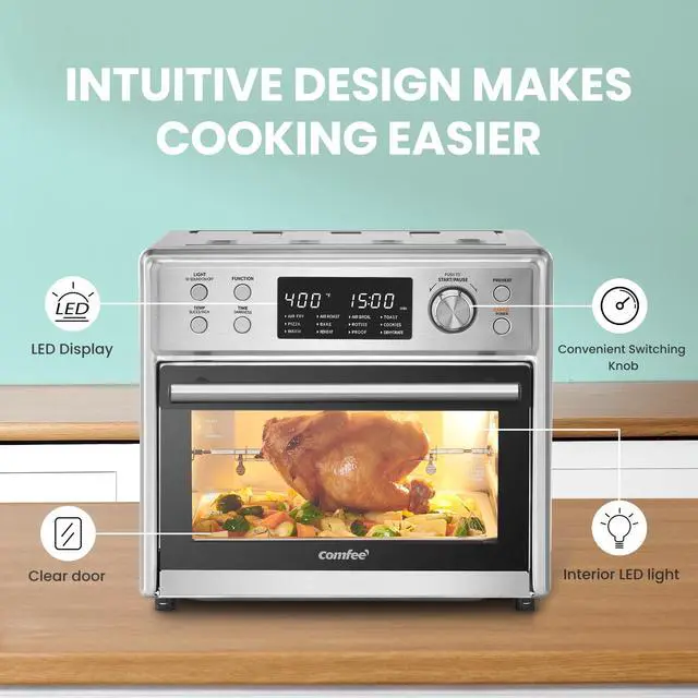 Alt view image 5 of 7 - COMFEE 12-in-1 Air Fryer Toaster Oven Combo 6 Slice Countertop Convection Oven with Rotisserie Precise Temperature Control 26.4 QT Large Capacity Fits 12 Pizza 6 Accessories Stainless Steel