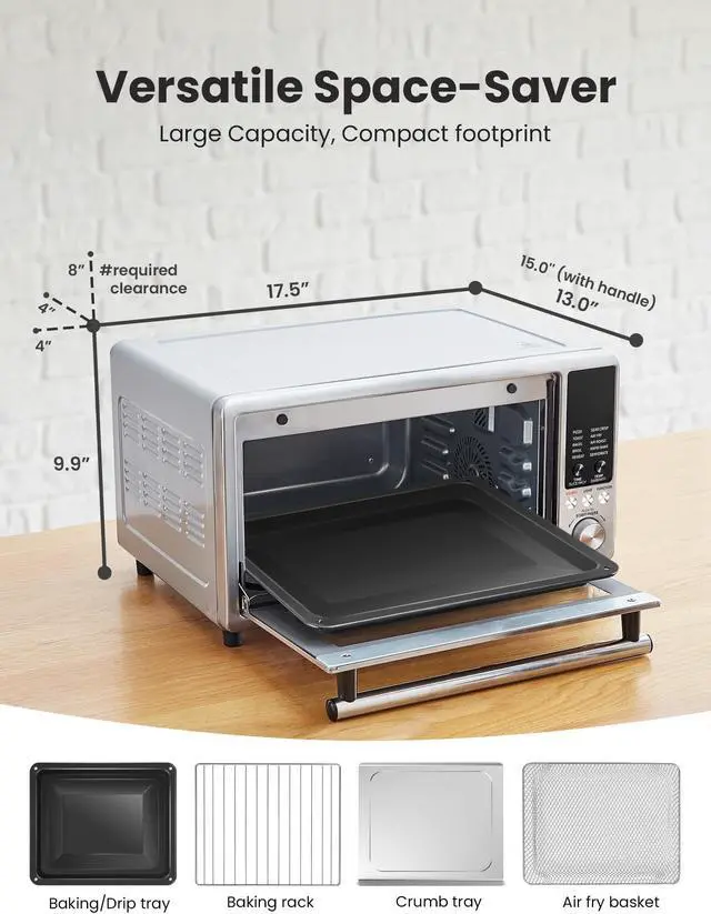 Alt view image 7 of 7 - COMFEE Air Fryer Toaster Oven Combo FLASHWAVE Rapid-Heat Technology Countertop Convection Oven with Bake Broil Roast, 6 Slices Large Capacity Fits 12 Pizza 24QT, 4 Accessories 1750W Stainless Steel