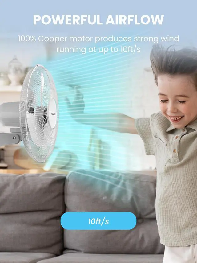 Alt view image 4 of 7 - PELONIS 16 Wall Mount Fan with 3 Speed Settings Oscillating Household Wall Mounted Fan with Adjustable Tilt High Velocity for Garage Patios Bedroom, 2 Packs White