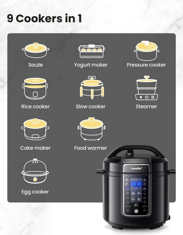 Alt view image 3 of 7 - COMFEE 9-in-1 Electric Pressure Cooker 14 Presets Instant Multi Cooker Olla de Presion Non-Stick Pot Yogurt Maker Rice Cooker Slow Cooker Sauté Steamer 6 Quarts Black
