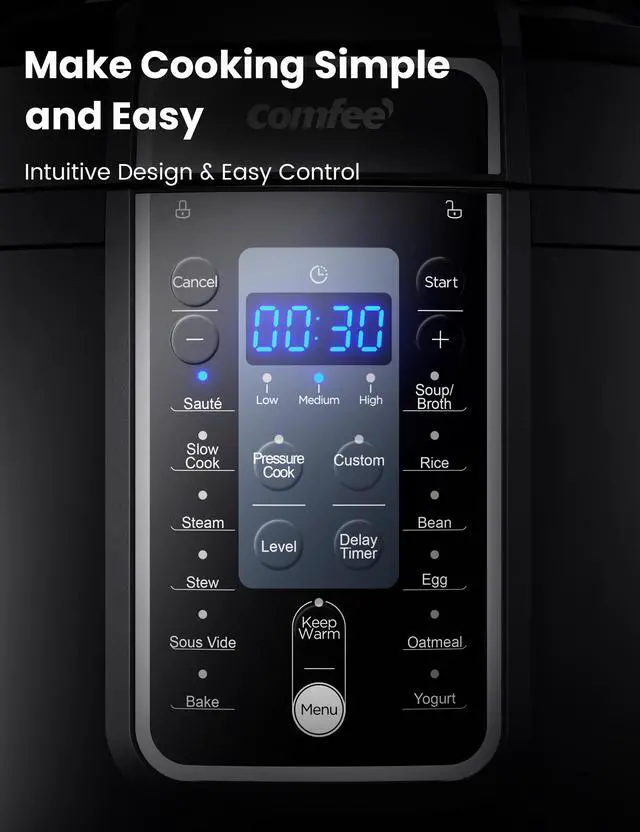 Alt view image 4 of 7 - COMFEE 9-in-1 Electric Pressure Cooker 14 Presets Instant Multi Cooker Olla de Presion Non-Stick Pot Yogurt Maker Rice Cooker Slow Cooker Sauté Steamer 6 Quarts Black