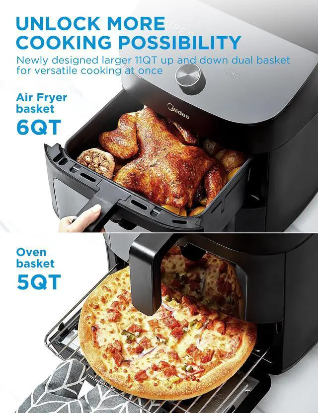 Alt view image 2 of 6 - Midea  Dual Air Fryer 11 Quart  with 2 Independent Frying Baskets Large Capacity Clear Windows, Smart Sync Finish, 3 Heating Tubes, Wi-Fi Connectivity & 50+ App Recipes
