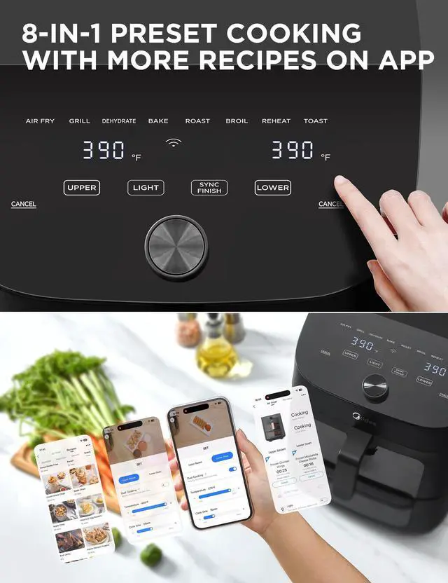 Alt view image 4 of 6 - Midea  Dual Air Fryer 11 Quart  with 2 Independent Frying Baskets Large Capacity Clear Windows, Smart Sync Finish, 3 Heating Tubes, Wi-Fi Connectivity & 50+ App Recipes
