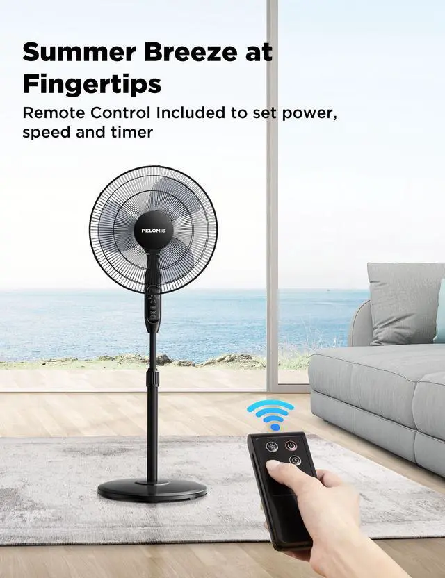 Alt view image 5 of 7 - PELONIS 16 Oscillating Pedestal Standing Fan with Remote Control 2 Packs, 3 Speeds Settings 7H Timer Ultra Quiet Adjustable Heights for Bedroom, Living Room, Home and Office