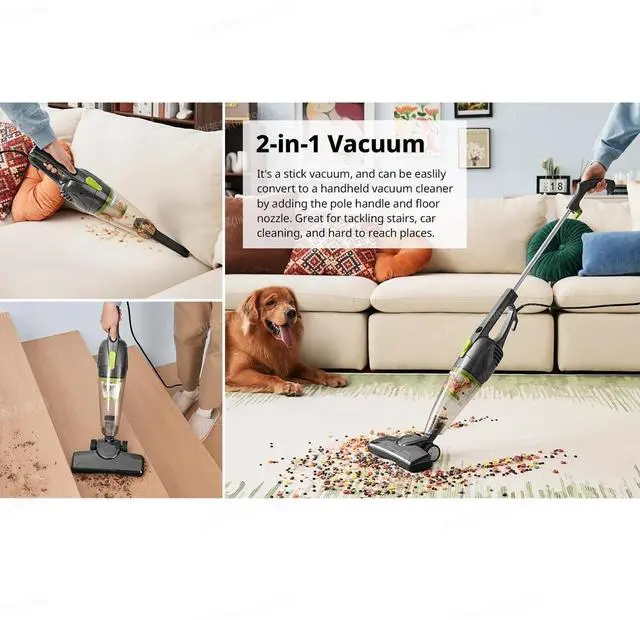 Alt view image 5 of 5 - Comfee' Home Lightweight Mini Cleaner for Carpet and Hard Floor Corded Stick Vacuum with Powerful Suction for Multi-Surfaces, 3-in-1 Handheld Vac, Dark Grey & Green