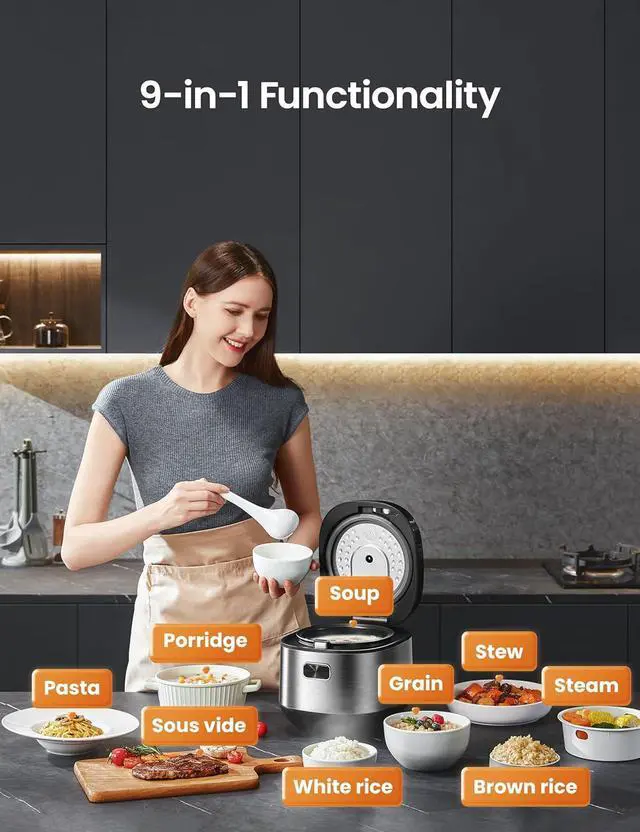 Alt view image 2 of 6 - COMFEE' Compact Rice Cooker 8 Cups Cooked/4 Cups Uncooked, 9-in-1 Multi Cooker, Fast Rice Maker, Steam, Brown Rice, Grains, Fuzzy Logic Technology, Grey