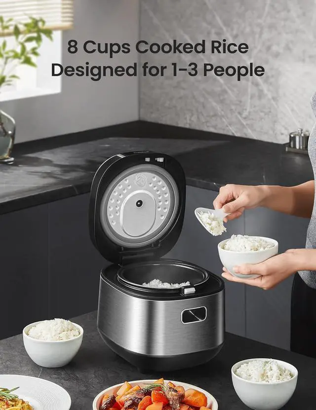 Alt view image 3 of 6 - COMFEE' Compact Rice Cooker 8 Cups Cooked/4 Cups Uncooked, 9-in-1 Multi Cooker, Fast Rice Maker, Steam, Brown Rice, Grains, Fuzzy Logic Technology, Grey