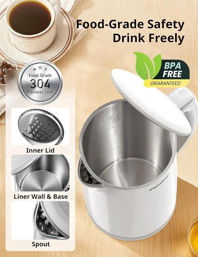Alt view image 3 of 7 - COMFEE' Electric Kettle and Tea Kettle, 1.5L Double Wall, Stainless Steel Interior, Lid & Spout, Fast Boil, Auto-Off, and Boil-Dry Protection, 1500W