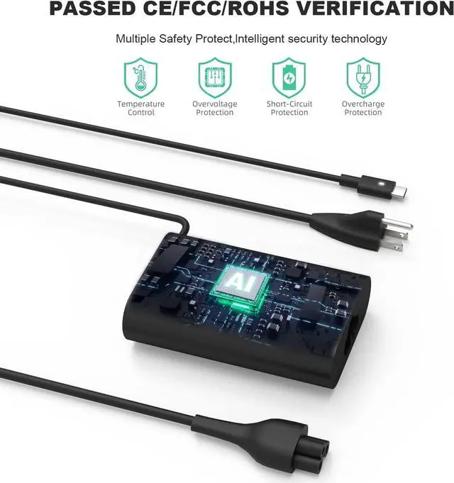 Alt view image 3 of 6 - 65W 45W USB Type C Laptop Charger for Dell Latitude 5520 5420 7400 7420 7370 5289 5290 7410 5285 7275 XPS 13 9360 9365 9380 9370 9350 LA65NM170 02YK0F 0M1WCF Chromebook 3100 3400 AC Adapter Power Cord