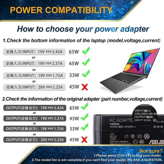 Alt view image 5 of 7 - 65W 45W 33W Laptop Charger for Asus VivoBook ZenBook Chromebook x551m x540s c202s Laptop Notebook Replacement Power Supply Adapter (See More Models as Listed)