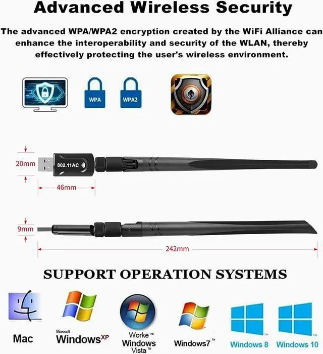 Alt view image 3 of 8 - USB WiFi Adapter 1300Mbps USB 3.0 WiFi Adapter 802.11AC Dual Band 2.4Ghz/5.8Ghz with High Gain 5dBi Antenna Wireless Network WiFi Dongle for PC/Desktop/Laptop Supports Windows/Mac OS/Ubuntu
