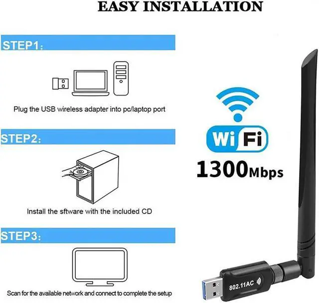 Alt view image 5 of 8 - USB WiFi Adapter 1300Mbps USB 3.0 WiFi Adapter 802.11AC Dual Band 2.4Ghz/5.8Ghz with High Gain 5dBi Antenna Wireless Network WiFi Dongle for PC/Desktop/Laptop Supports Windows/Mac OS/Ubuntu