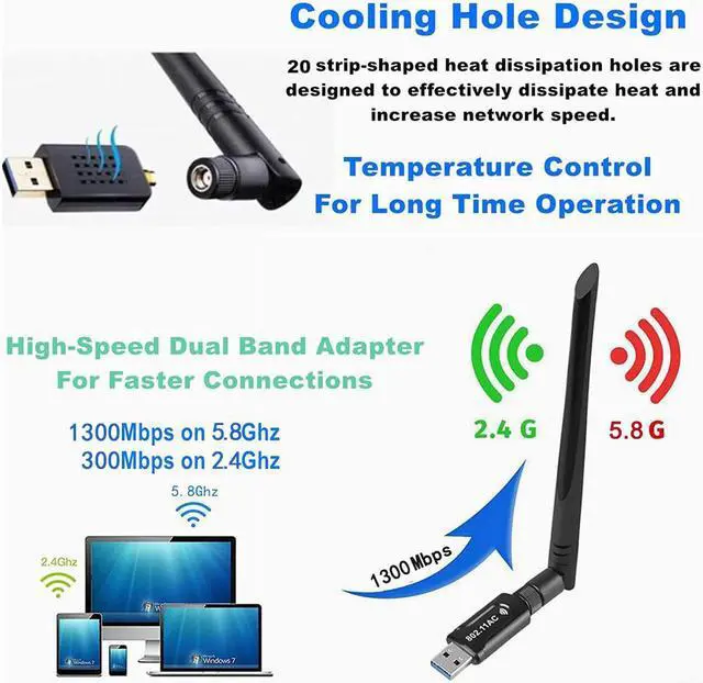 Alt view image 6 of 8 - USB WiFi Adapter 1300Mbps USB 3.0 WiFi Adapter 802.11AC Dual Band 2.4Ghz/5.8Ghz with High Gain 5dBi Antenna Wireless Network WiFi Dongle for PC/Desktop/Laptop Supports Windows/Mac OS/Ubuntu