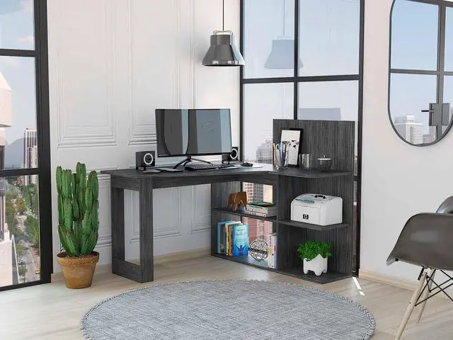 FM FURNITURE Fresno Computer Desk,  For An Office Or Home Office, With 4 Shelfs, And Dual Table Top, Gray Oak Finish, Particle Board, Wood texture, Easy To Assamble.