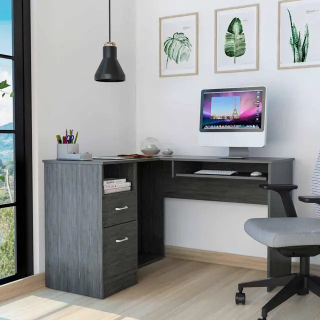 FM FURNITURE Raleigh L shaped Desk, For An Office Or Home Office, With 2 Dressers, 1 Shelfs, 1 Cpu Storage, Gray Oak Finish, Particle Board, Wood Texture, Easy To Assamble.