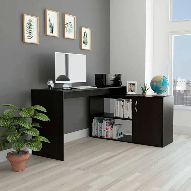 Main image of FM FURNITURE Dallas L-Shaped Home Office Desk, For An Office Or Home Office, With 2 Shelves, 1 Drawer, Black Wengue Finish, Particle Board, Easy To Assamble.
