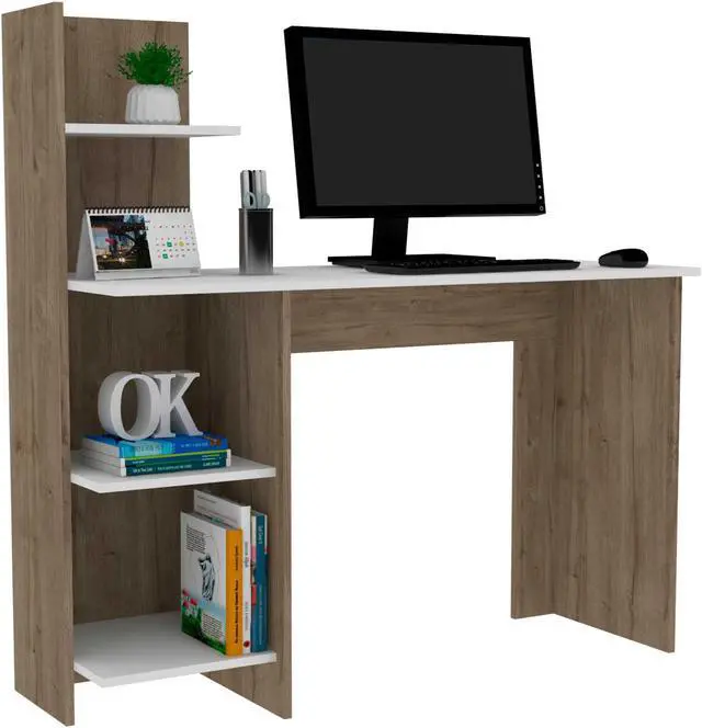 Main image of FM FURNITURE Tocoa Desk White, For An Office Or Home Office, With 4 Shelves, White- Pine finish, Particle Board, Easy To Assamble.