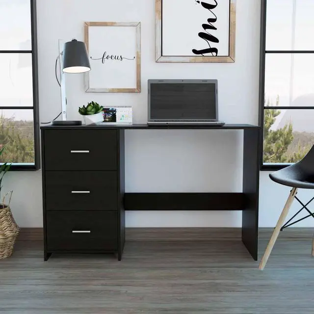 Main image of FM FURNITURE Berlin Three Drawers Desk, For An Office Or Home Office, With 3 Drawers, And A Table Top, Classic, Elegant, Black Wengue Finish, Particle Board, Easy To Assamble.