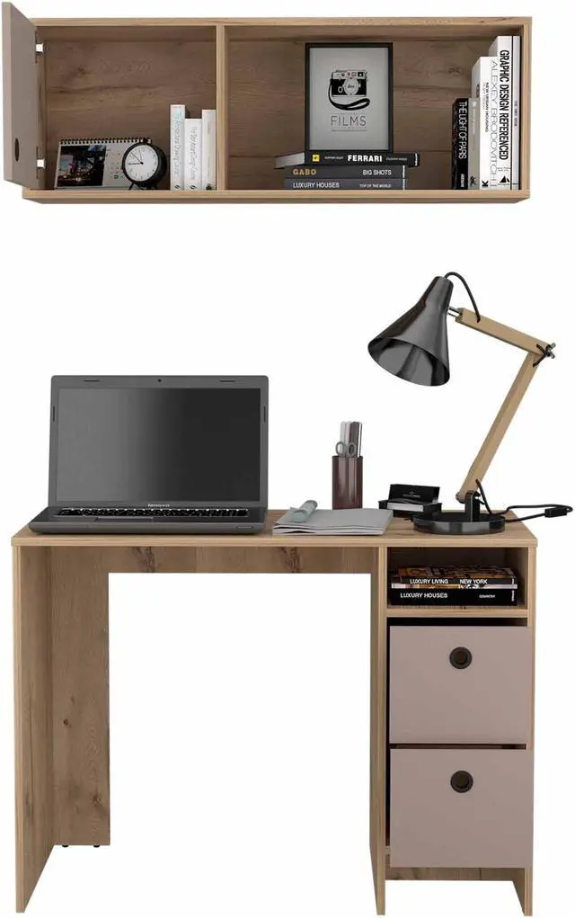 Alt view image 5 of 6 - FM FURNITURE Tokyo Office Set, For An Office Or Home Office, 3 Drawers, 1  Shelf, Separated Complement, Modern Desing, Light Oak- Taupe Finish, Particle Board, Pore-Mate Texture, Easy To Assamble.