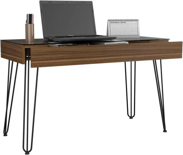 Alt view image 5 of 7 - FM FURNITURE Kyoto 120 Desk, For An Office Or Home Office, Abstract Steel Legs, 1  Drawer, Mahonany Finish, Pore Texture, Particle Board, Easy To Assamble.