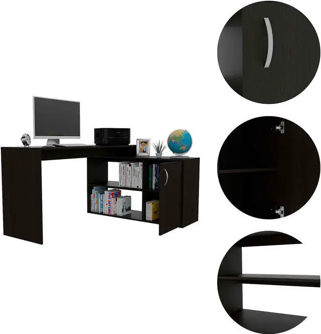 Alt view image 3 of 6 - FM FURNITURE Dallas L-Shaped Home Office Desk, For An Office Or Home Office, With 2 Shelves, 1 Drawer, Black Wengue Finish, Particle Board, Easy To Assamble.