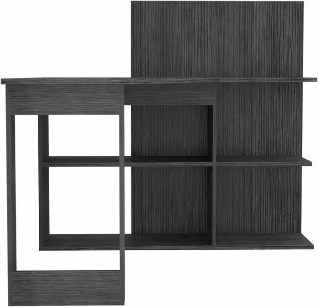 Alt view image 3 of 7 - FM FURNITURE Fresno Computer Desk, For An Office Or Home Office, With 4 Shelfs, And Dual Table Top, Gray Oak Finish, Particle Board, Wood texture, Easy To Assamble.
