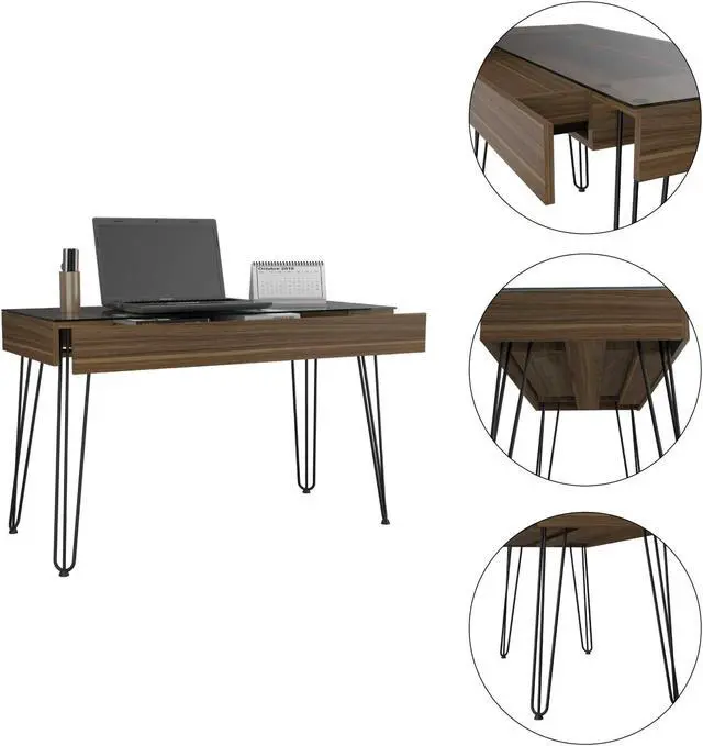 Alt view image 3 of 7 - FM FURNITURE Kyoto 120 Desk, For An Office Or Home Office, Abstract Steel Legs, 1  Drawer, Mahonany Finish, Pore Texture, Particle Board, Easy To Assamble.