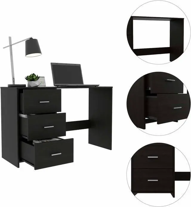 Alt view image 3 of 6 - FM FURNITURE Berlin Three Drawers Desk, For An Office Or Home Office, With 3 Drawers, And A Table Top, Classic, Elegant, Black Wengue Finish, Particle Board, Easy To Assamble.