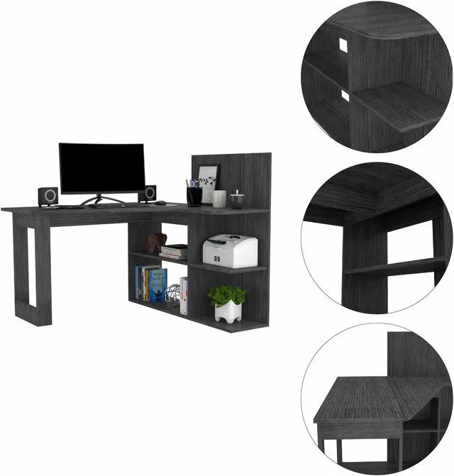 Alt view image 2 of 7 - FM FURNITURE Fresno Computer Desk, For An Office Or Home Office, With 4 Shelfs, And Dual Table Top, Gray Oak Finish, Particle Board, Wood texture, Easy To Assamble.