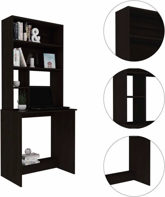 Alt view image 2 of 7 - FM FURNITURE Sawgrass computer desk with Hutch, For An Office Or Home Office, With 4 Shelves, Black Wengue Finish, Particle Board, Wood Texture, Easy To Assamble.