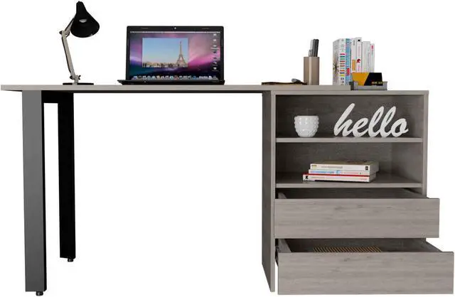 Alt view image 4 of 7 - FM FURNITURE Praga 120 Desk, For An Office Or Home Office, With 2 Drawer, 2 Shelves, Light Gray Finish, Particle Board, Wood Texture, Easy To Assamble.