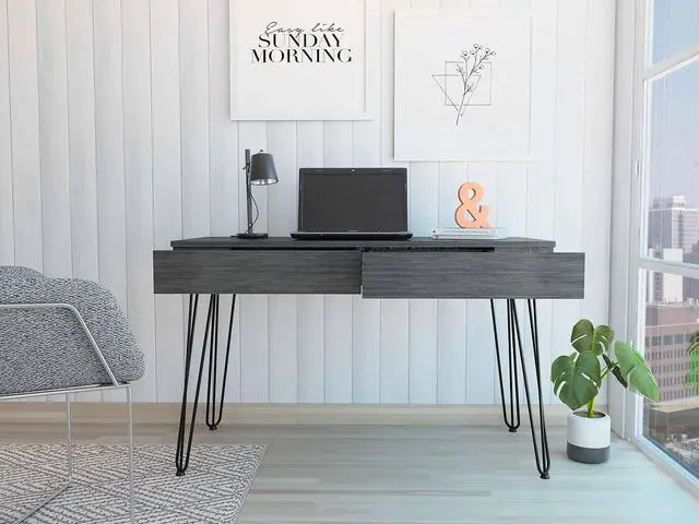 Alt view image 2 of 7 - FM FURNITURE Oakland Desk,  For An Office Or Home Office, With 2 Drawers, Gray Oak Finish, Particle Board, Pore-Soft Texture, Easy To Assamble.