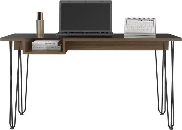 Alt view image 3 of 7 - FM FURNITURE Kyoto 140 Desk, For An Office Or Home Office, Abstrac Steel Legs, Mahogany Finish, Particle Board, Pore texture, Easy To Assamble.
