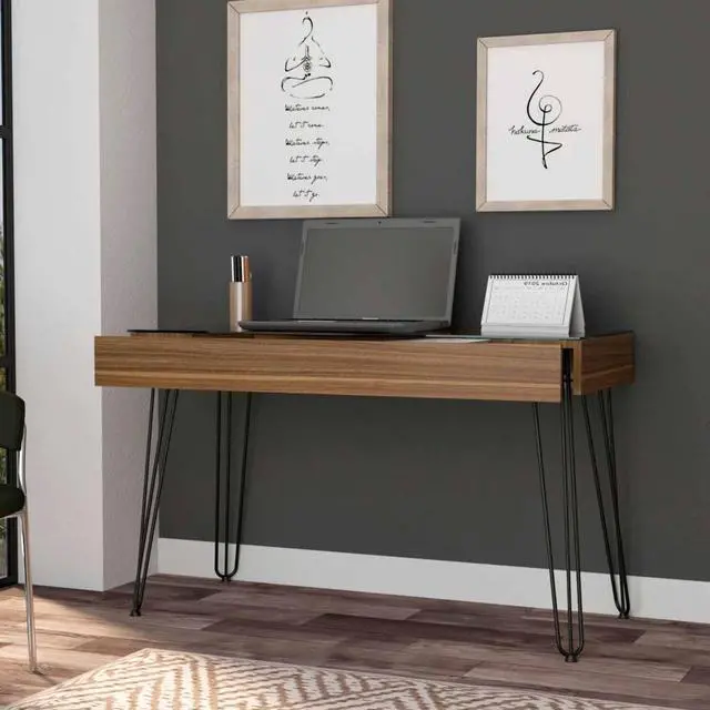 Alt view image 2 of 7 - FM FURNITURE Kyoto 120 Desk, For An Office Or Home Office, Abstract Steel Legs, 1  Drawer, Mahonany Finish, Pore Texture, Particle Board, Easy To Assamble.