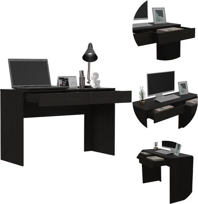 Alt view image 5 of 8 - FM FURNITURE Tampa Computer Desk Two Drawers,  For An Office Or Home Office, Black Wengue Finish, Particle Board, Wood Texture, Easy To Assamble.