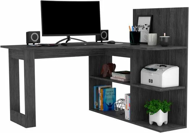 Alt view image 4 of 7 - FM FURNITURE Fresno Computer Desk, For An Office Or Home Office, With 4 Shelfs, And Dual Table Top, Gray Oak Finish, Particle Board, Wood texture, Easy To Assamble.