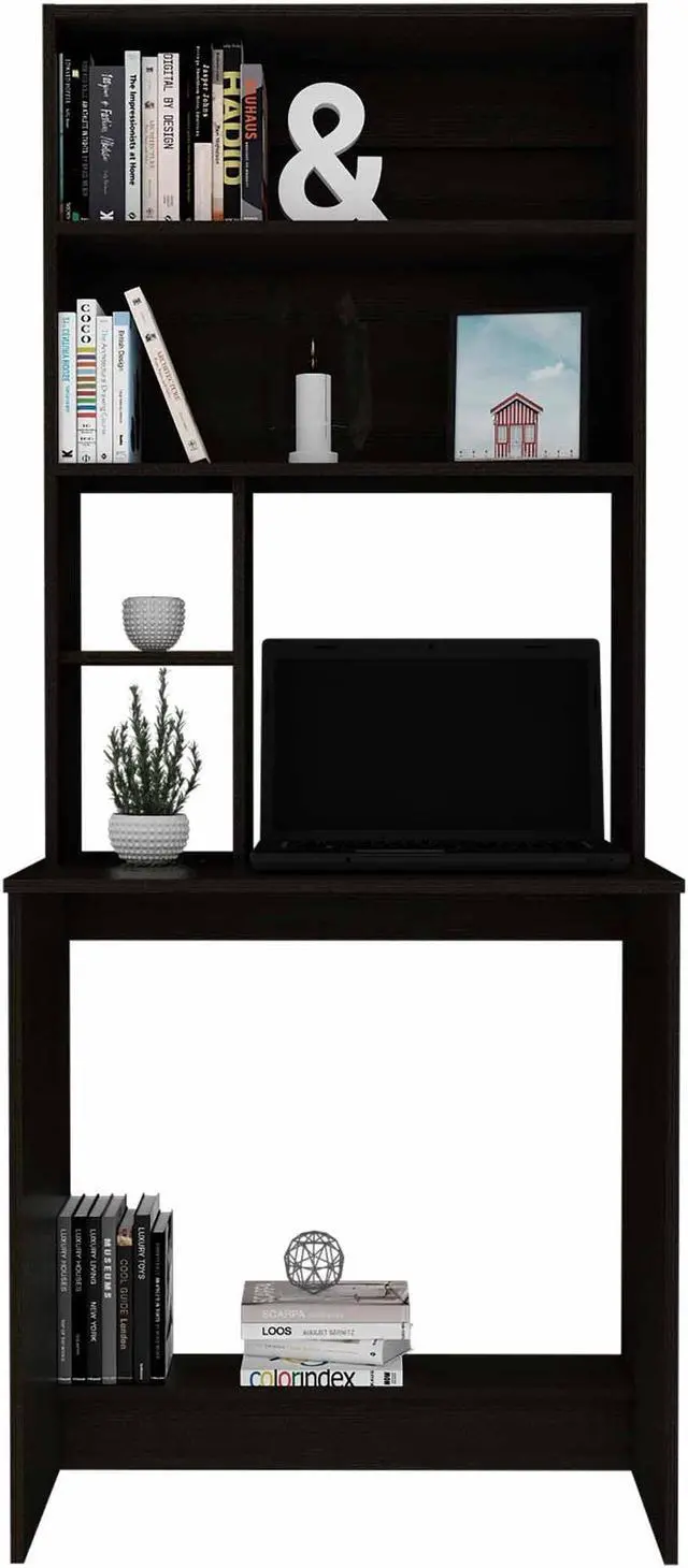 Alt view image 4 of 7 - FM FURNITURE Sawgrass computer desk with Hutch, For An Office Or Home Office, With 4 Shelves, Black Wengue Finish, Particle Board, Wood Texture, Easy To Assamble.